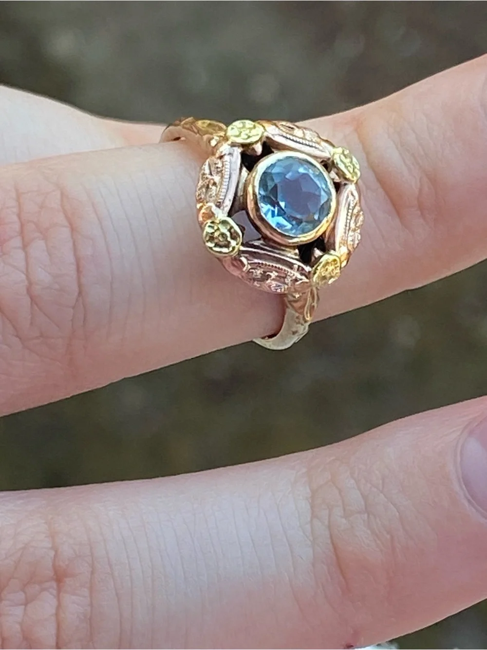 Antique Yellow Gold & Rose Gold Aquamarine Cocktail Ring